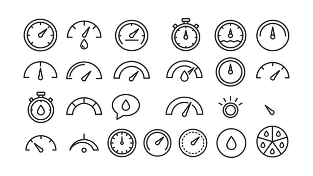 Collection of various gauge and meter icons for measurement and monitoring  oil and fuel gauges  speedometers