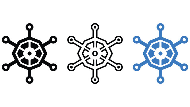 Three different colored icons of a ship wheel on white background