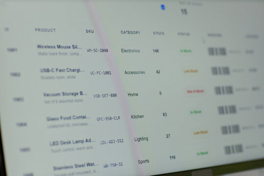 Close up of inventory management dashboard displaying product listings, SKU codes, stock levels, barcodes, supporting ecommerce operations, retail analytics, supply chain content