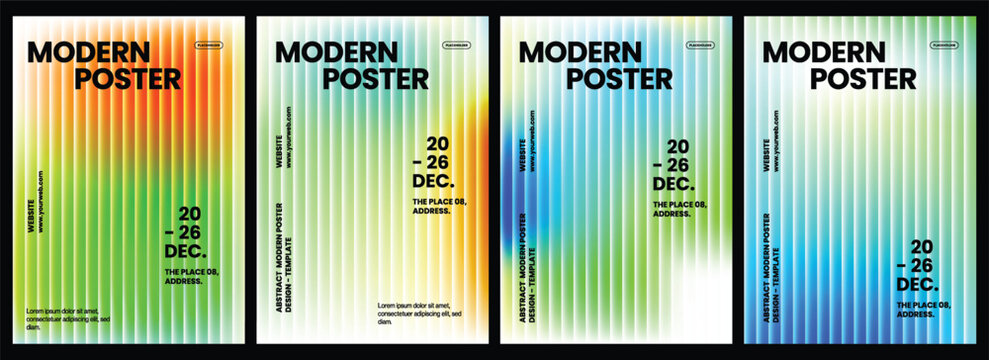 Four vertical flyer templates featuring vibrant gradient backgrounds with bold typography, organized text layouts for creative event promotion and professional graphic design marketing materials
