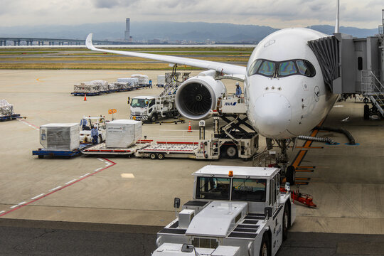 Osaka, Japan April 24, 2026  lufthansa airbus a350-900 cargo operations at kansai airport