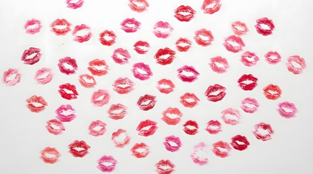 Pink lipstick kiss marks isolated on white background