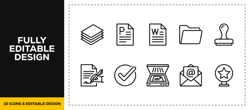 flat vector illustration line art icon bundle set design showcasing office document managements digital files paper folders user profiles and communication messages UI