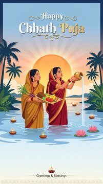 Chhath Puja Celebration with Women Offering Arghya to Surya Dev