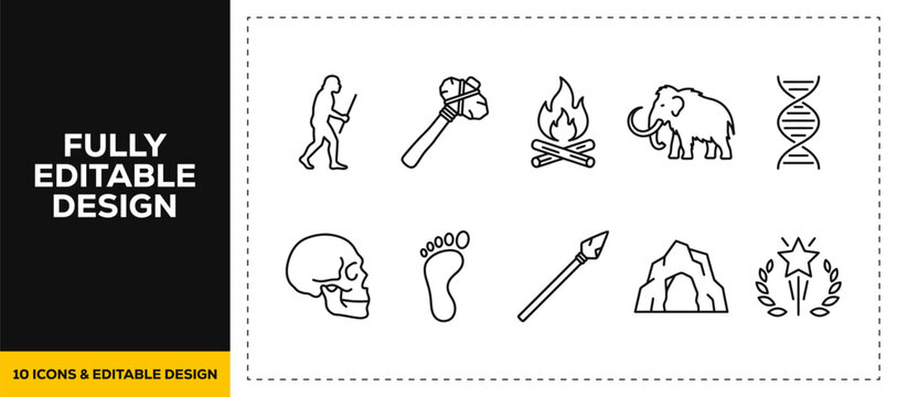 flat vector illustration line art icon bundle set design focusing on prehistoric human evolution primitive hunting tools ancient bonfires and historic civilization UI apps