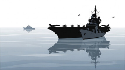 A 2D Vector Illustration of a large naval warship sailing on calm waters with a smaller boat and planes nearby © Stock Image Paradise