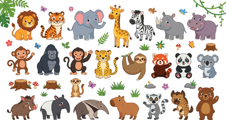 Fototapeta premium Cute Jungle and Safari Animal Vector Illustration Set with Lion, Elephant, and Giraffe for Kids Nursery Decor, Stickers, and Educational Designs