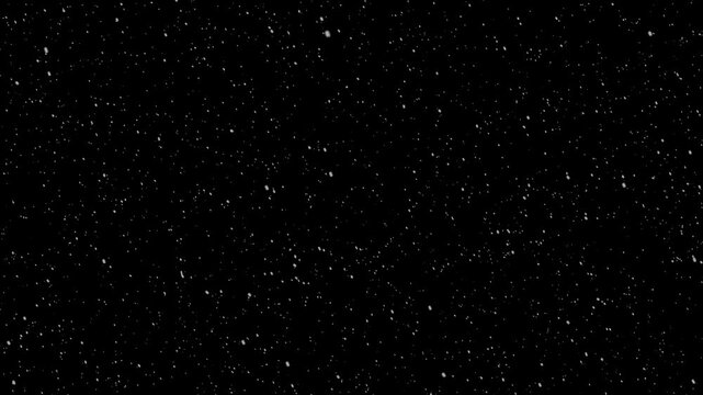 White snow particles falling gently against a deep black background creating a serene winter atmosphere in this smooth digital motion animation video for creative visual projects