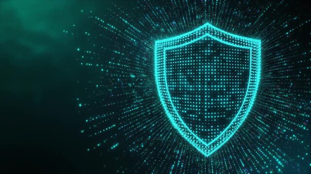 Luminous hexagonal particles assemble into abstract cybersecurity shield with cyan and emerald energy, creating futuristic digital protection background with cinematic depth and copy space.