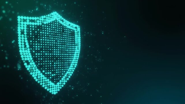 Luminous hexagonal particles assemble into abstract cybersecurity shield with cyan and emerald energy, creating futuristic digital protection background with cinematic depth and copy space.