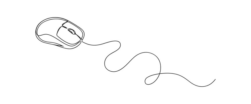 Computer mouse line drawing with wavy wired cable connectivity computer peripheral