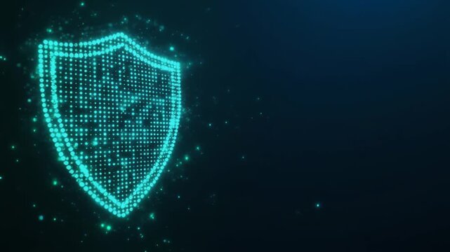Luminous hexagonal particles assemble into abstract cybersecurity shield with cyan and emerald energy, creating futuristic digital protection background with cinematic depth and copy space.