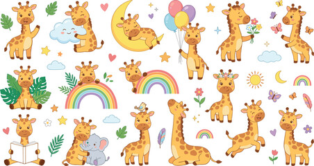 Naklejka premium Cute Baby Giraffe Vector Illustration Set with Rainbows, Balloons, and Clouds for Children Nursery Decor, Greeting Cards, and Pattern Designs