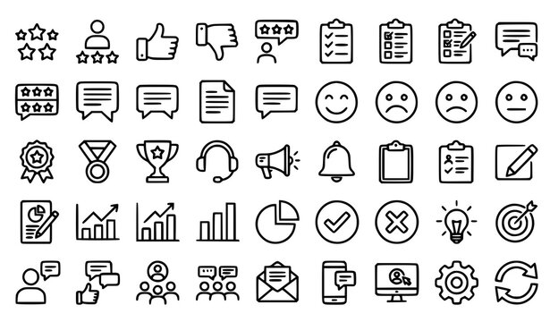 Feedback and review line icons editable stroke vector set with customer rating survey testimonial quality support and communication outline symbols