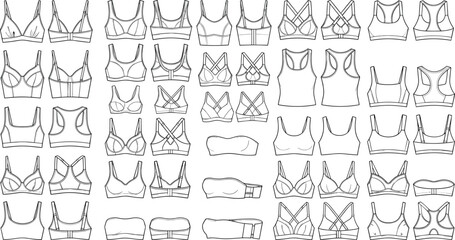 Professional women's bra and sports bra technical flat sketches collection featuring front and back views for fashion design © Mehedi