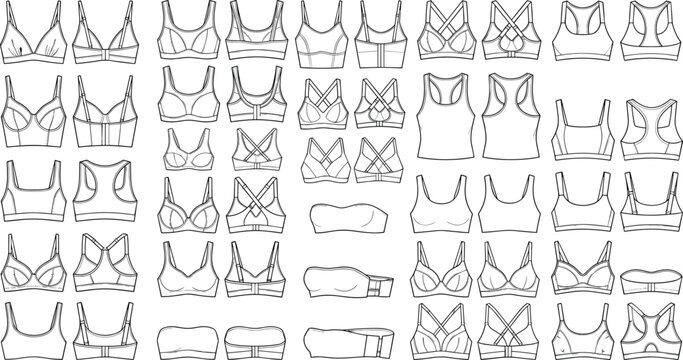 Professional women's bra and sports bra technical flat sketches collection featuring front and back views for fashion design