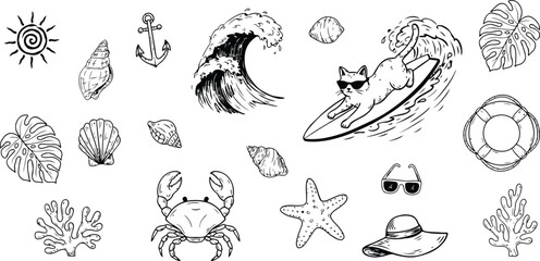 Obraz premium Hand drawn summer beach elements collection featuring a surfing cat seashells anchor and tropical palm leaves