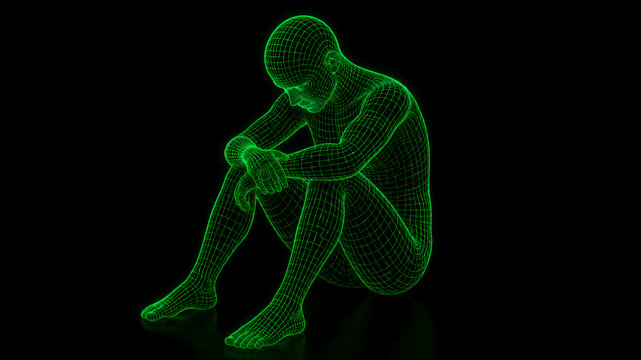 A 3D green wireframe model of a human figure sitting in a sad, slouched position with a lowered head on a black background.