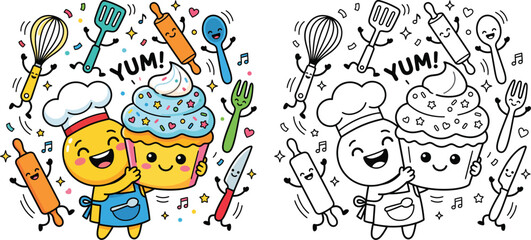 Fototapeta premium Cute Baking Chef Character Hugging a Cupcake Coloring Page and Graphic