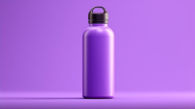 Simple 3D sustainable drink bottle icon featuring a purple reusable bottle with a modern design on a lavender background. Clean hydration symbol for eco-friendly lifestyle and everyday use.