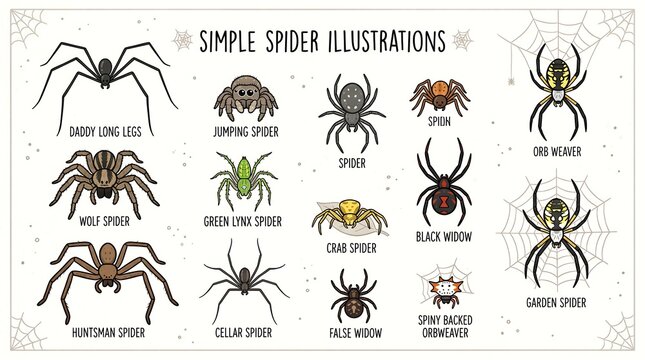 Detailed Spider Illustration Set Arranged with Labeled Species on White Background