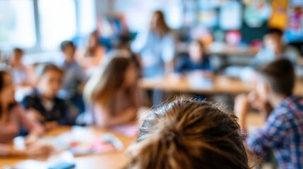 Fototapeta premium Soft blurred classroom background with students studying during school lesson .