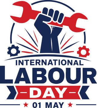 International Labour Day badge with raised fist and wrench for worker solidarity design
