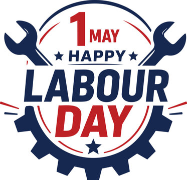 Happy Labour Day gear emblem with crossed wrenches and festive May 1 typography