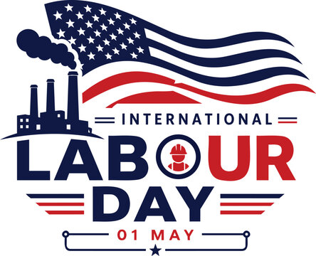 International Labour Day emblem with factory silhouette and waving flag illustration