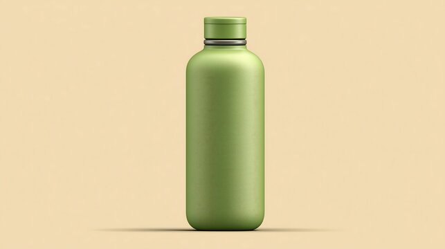 Minimal 3D eco water bottle icon featuring a green refillable bottle with smooth matte finish on a beige background. Modern hydration symbol for sustainable lifestyle and daily use.