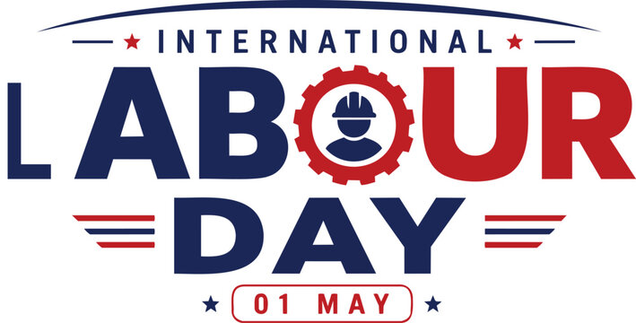 Minimal International Labour Day typography badge with clean patriotic line accents