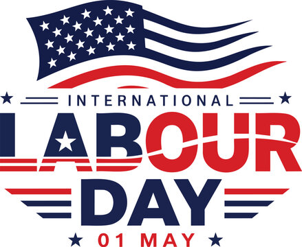 International Labour Day banner with waving flag and bold typography isolated design