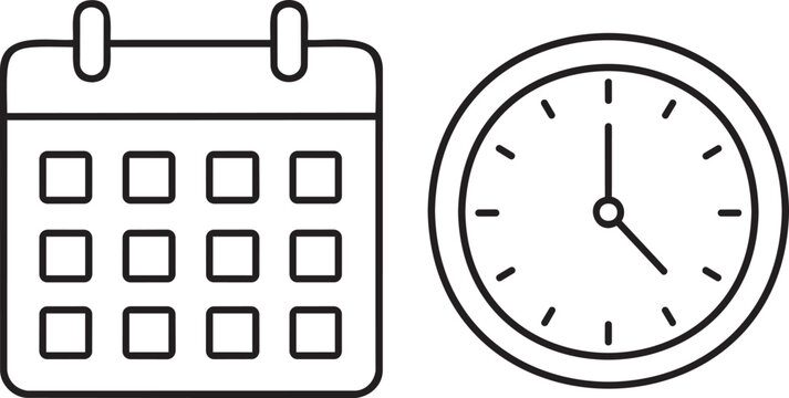 Calendar and analog clock outline icons for schedule and time management vector set