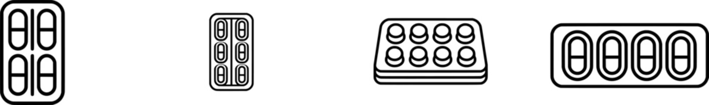 A minimalist, dark-lined icon of a generic medicine blister pack with empty capsule slots against a clean white background