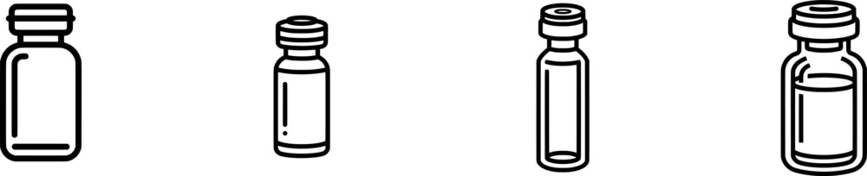 A minimalist black outline icon of a generic medicine vial with a rubber top, set against a clean dark line style on a pure white void background