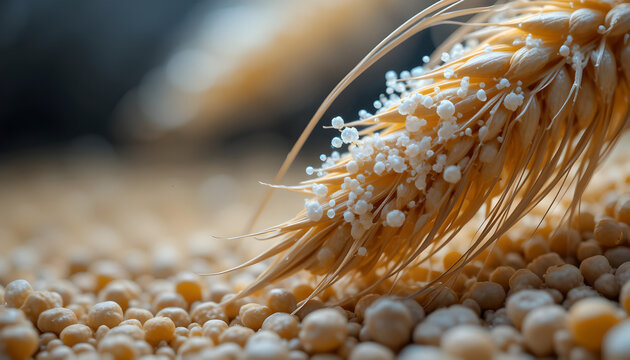 Macro of wheat ear with fertilizer granules for agricultural science