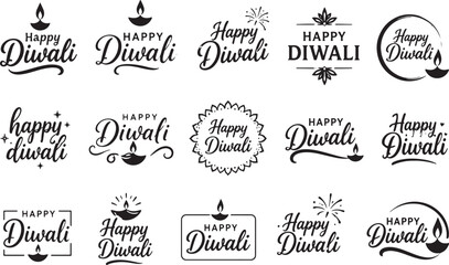 Set of happy diwali greeting cards and typography labels with diya lamp icons Vector © MdMihad