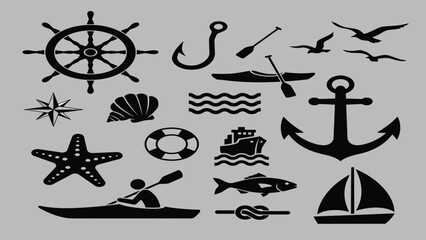 Obraz premium Nautical and marine themed icon set with ship wheel anchor sailboat kayak paddle seashell and fishing elements