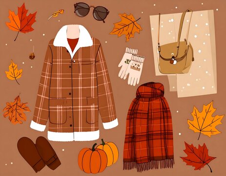 Cozy Autumn Clothing and Accessories Arranged on Warm Brown Background