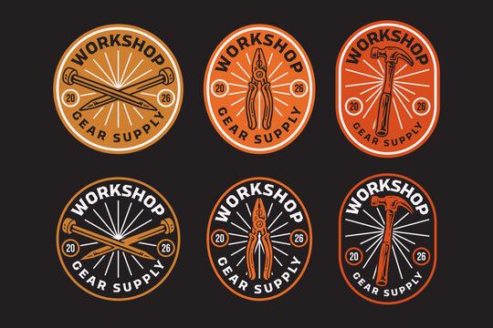 Workshop hand tools retro badge design for repair services. Set collection of vintage garage hand tool badge. Construction rustic emblem logo with nails, pliers, hammer illustration