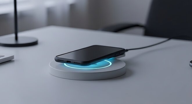 Modern mobile phone charging wirelessly on circular desktop pad with blue neon
