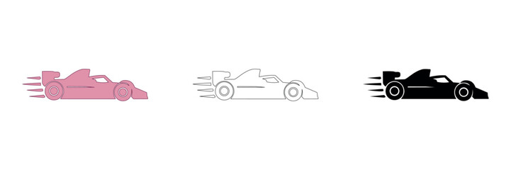 Obraz premium Set of three racing car icons in pink, outline, and black styles