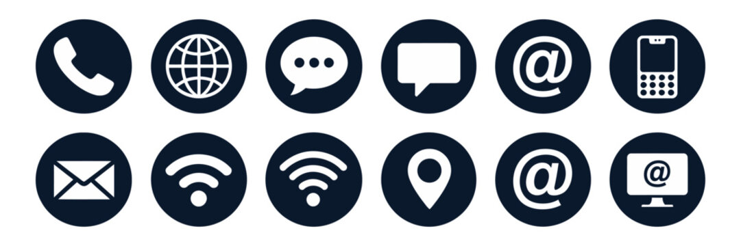 Contact Us icons featuring phone, email, chat, location, and simple flat vector design for customer support and business communication.