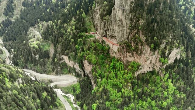 4K Aerial Drone Shot of Sumela Monastery in Trabzon, Turkey. Frontal View of the Historic Christian Orthodox Monastery on Cliff Face in Macka, Black Sea Region.