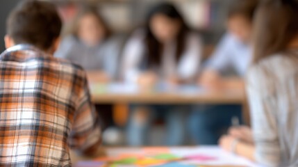 Fototapeta premium Blurred classroom atmosphere with students and educational activity background .