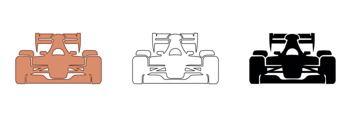 Obraz premium Set of three racing car icons in different styles: solid, outline, and silhouette