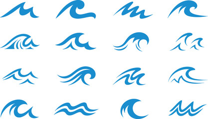 Fototapeta premium Collection of blue wave symbols in silhouette on a transparent background