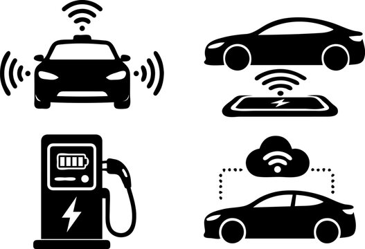 Smart electric vehicle technology icon set featuring autonomous driving, wireless EV charging, connected car, cloud connectivity, and charging station in minimalist black silhouette vector style.