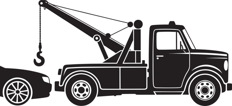 Tow truck with hook and chain, towing broken down car, black and white vector illustration