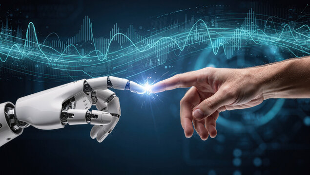 robotic hand and human hand touching fingertips with glowing spark connection digital data visualization background